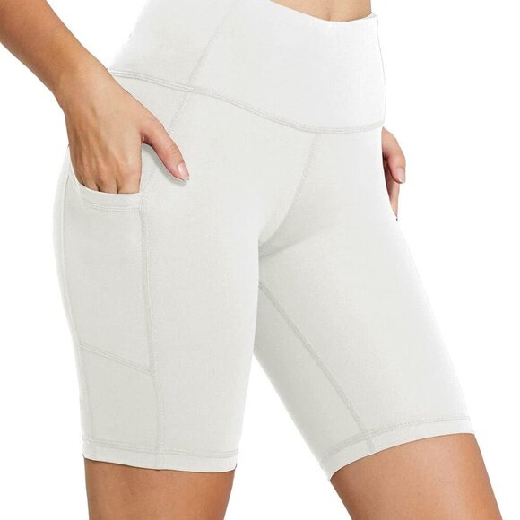 Women's High Waist Yoga Biker Shorts with Pockets, 8" Inseam, White - Picture 1 of 4